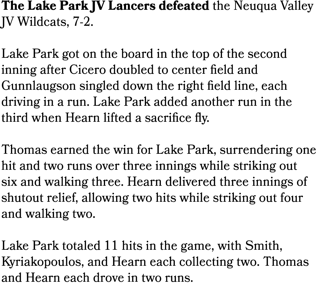 The Lake Park JV Lancers defeated the Neuqua Valley JV Wildcats, 7 2. Lake Park got on the board in the top of the se...