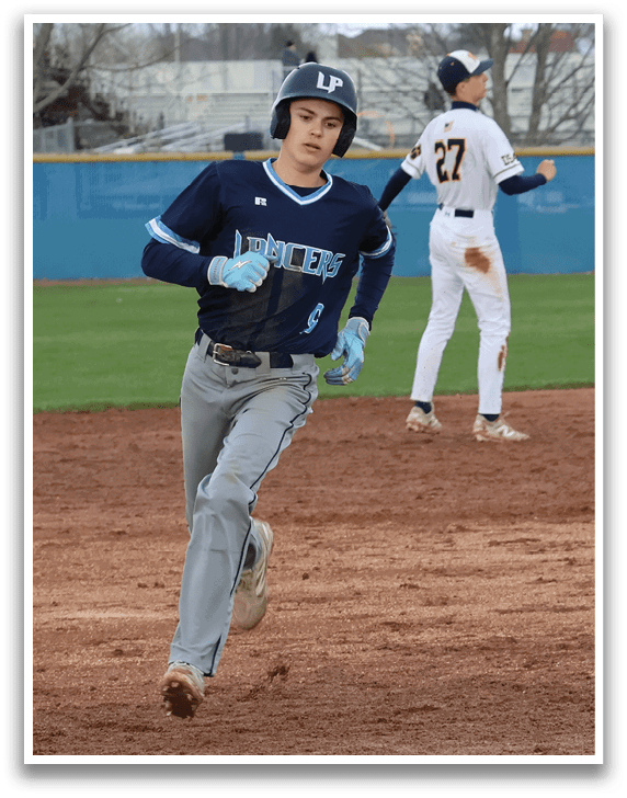 Baseball players on a field, one running to a base while another watches. AI generated content