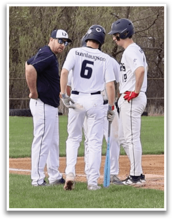 Three baseball players are standing on a field, engaged in conversation. One player is wearing a blue shirt. AI generated content