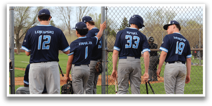A group of baseball players standing in the dugout, wearing blue and gray uniforms. AI generated content