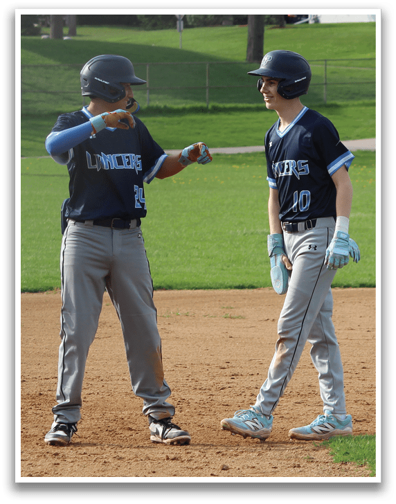 Two baseball players on a field, one holding a bat and the other holding a glove, talking to each other. AI generated content