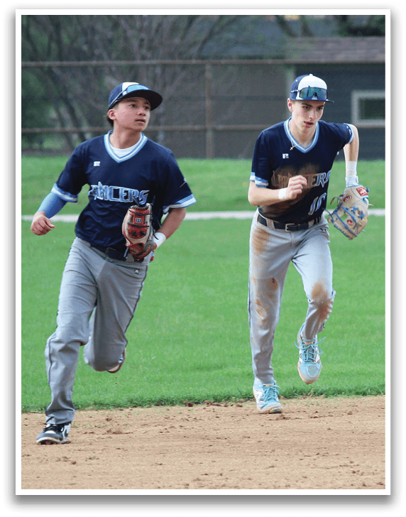 Three baseball players running on a field, one of them wearing a blue shirt. AI generated content