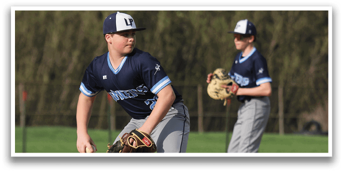 Two baseball players on a field, one of them is a pitcher wearing a blue shirt and a baseball glove. AI generated content