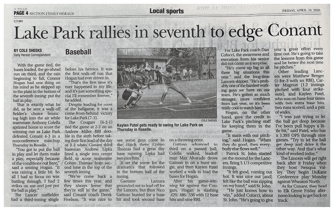 A newspaper article about a baseball game with a photo of a player in action. AI generated content