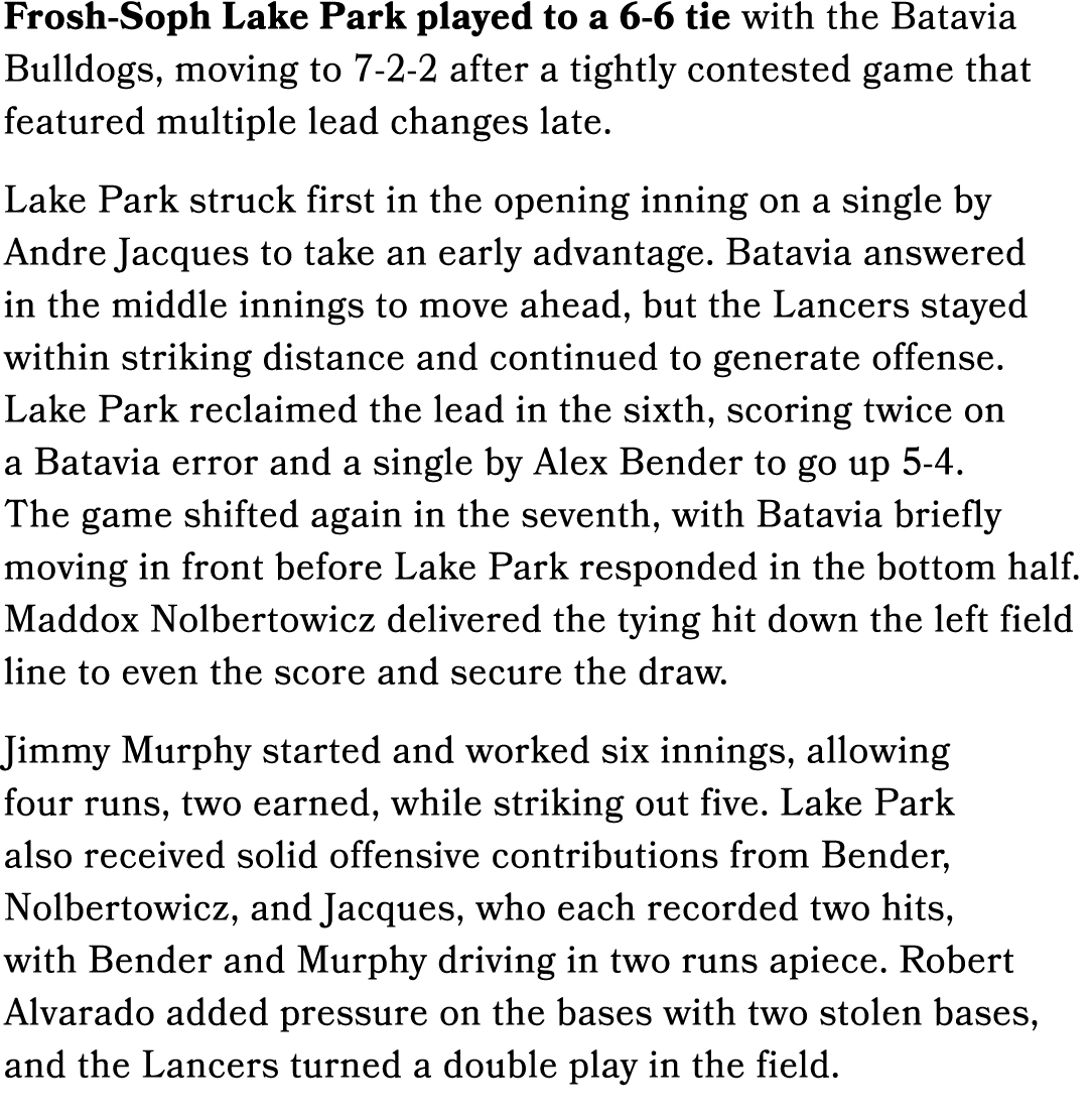 Frosh Soph Lake Park played to a 6 6 tie with the Batavia Bulldogs, moving to 7 2 2 after a tightly contested game th...