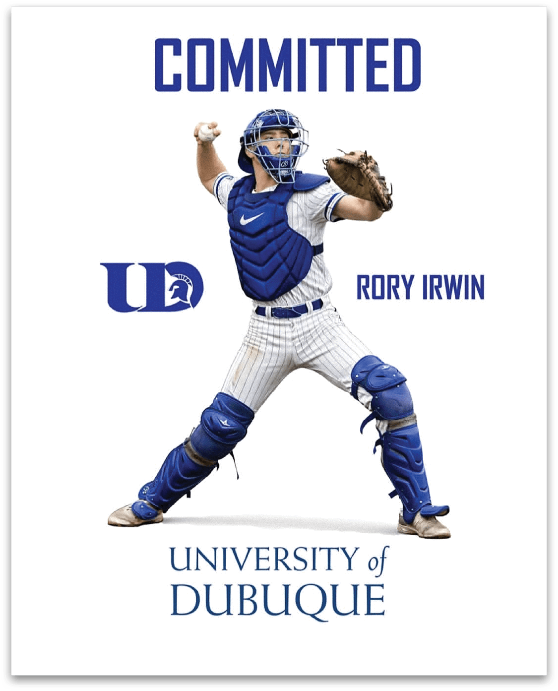 A baseball player in a blue and white uniform is shown in a catching stance, wearing a baseball glove. AI generated content