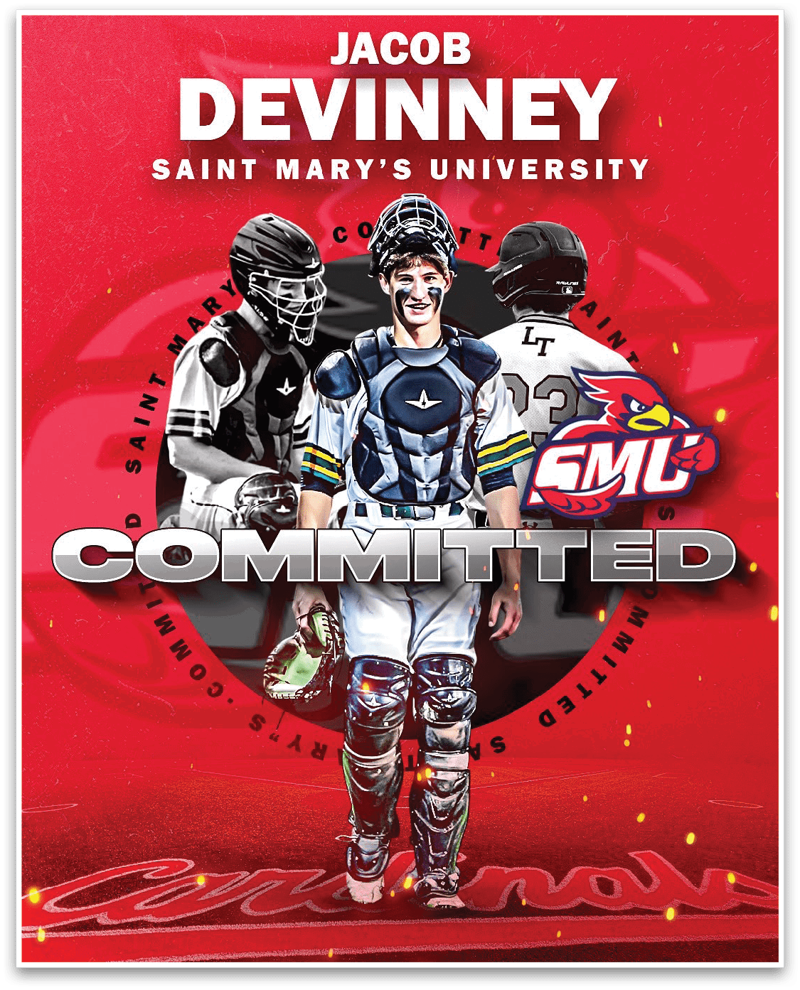 A man wearing a baseball uniform and a helmet is standing in front of a red background. AI generated content