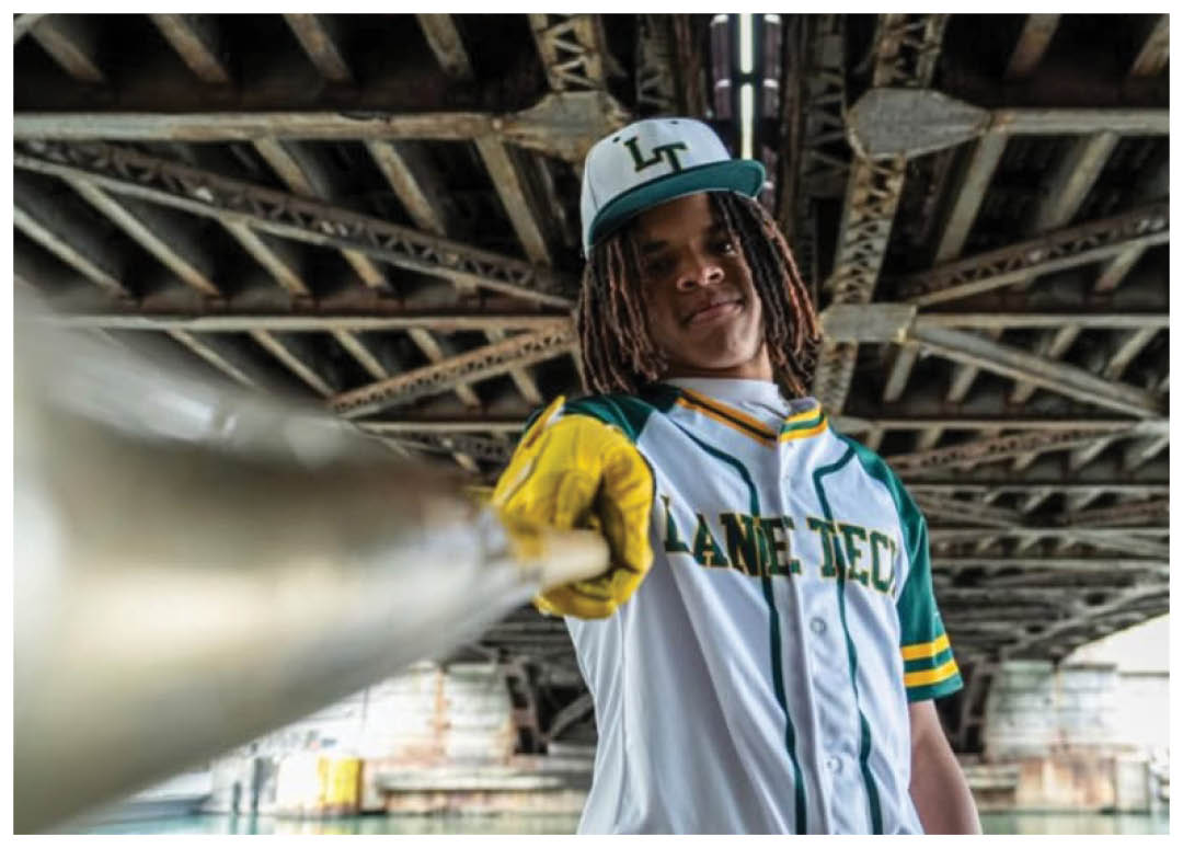 A man wearing a baseball uniform is holding a trumpet. AI generated content