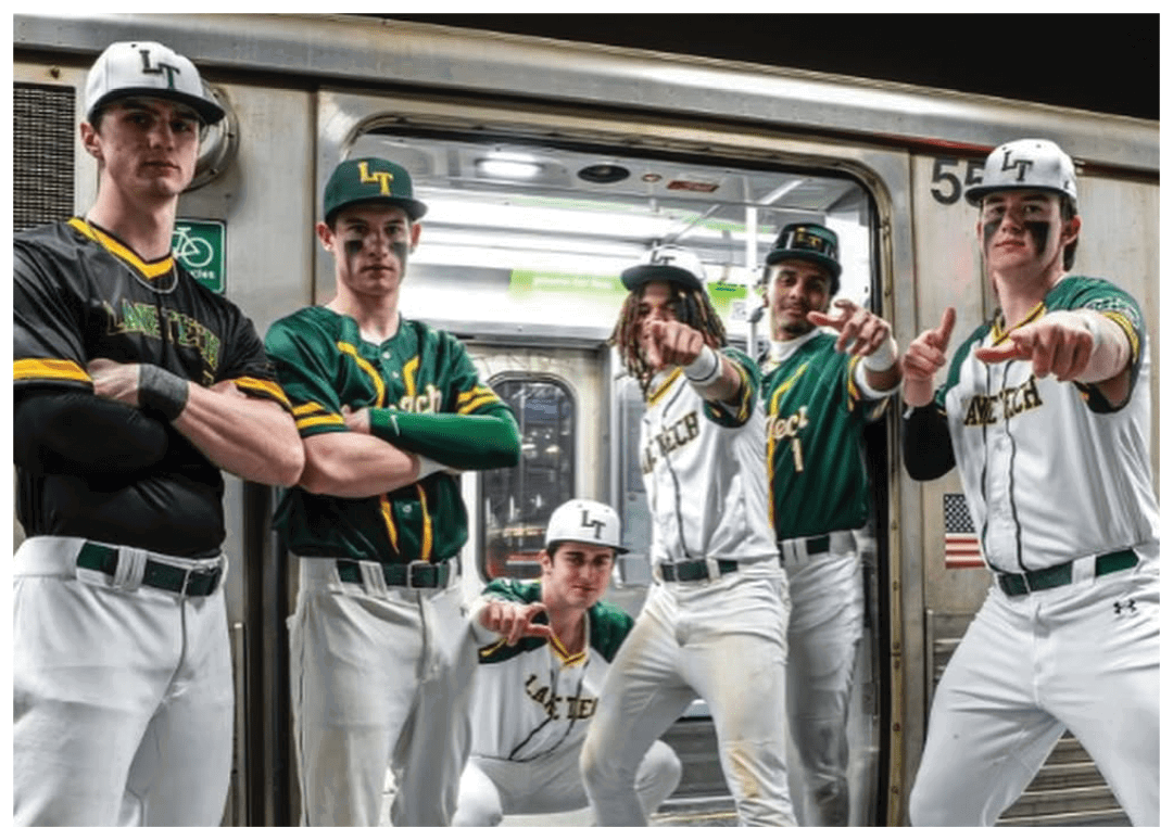 Five baseball players pose for a picture on a subway train. AI generated content