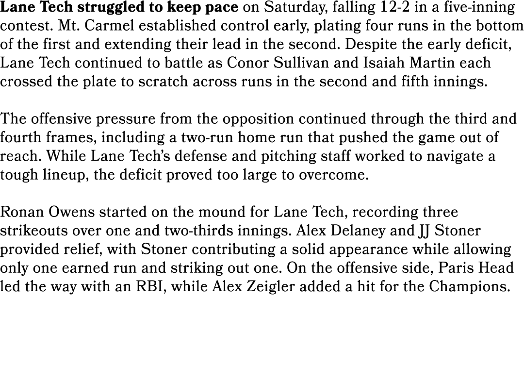 Lane Tech struggled to keep pace on Saturday, falling 12 2 in a five inning contest. Mt. Carmel established control e...