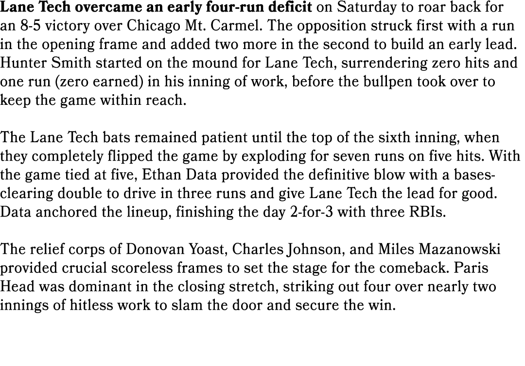 Lane Tech overcame an early four run deficit on Saturday to roar back for an 8 5 victory over Chicago Mt. Carmel. The...