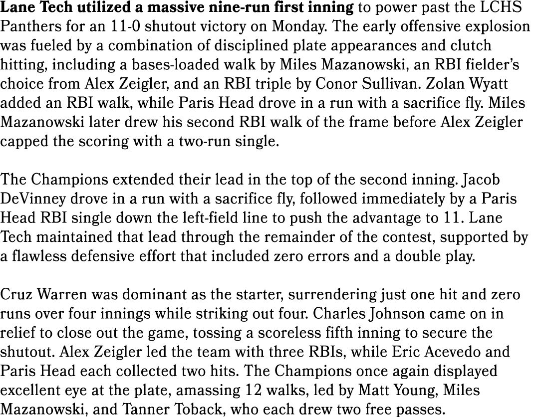 Lane Tech utilized a massive nine run first inning to power past the LCHS Panthers for an 11 0 shutout victory on Mon...