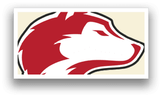 A red and white dog head on a black background. AI generated content