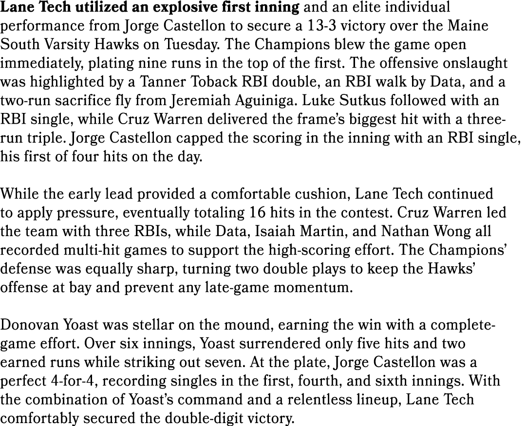 Lane Tech utilized an explosive first inning and an elite individual performance from Jorge Castellon to secure a 13 ...
