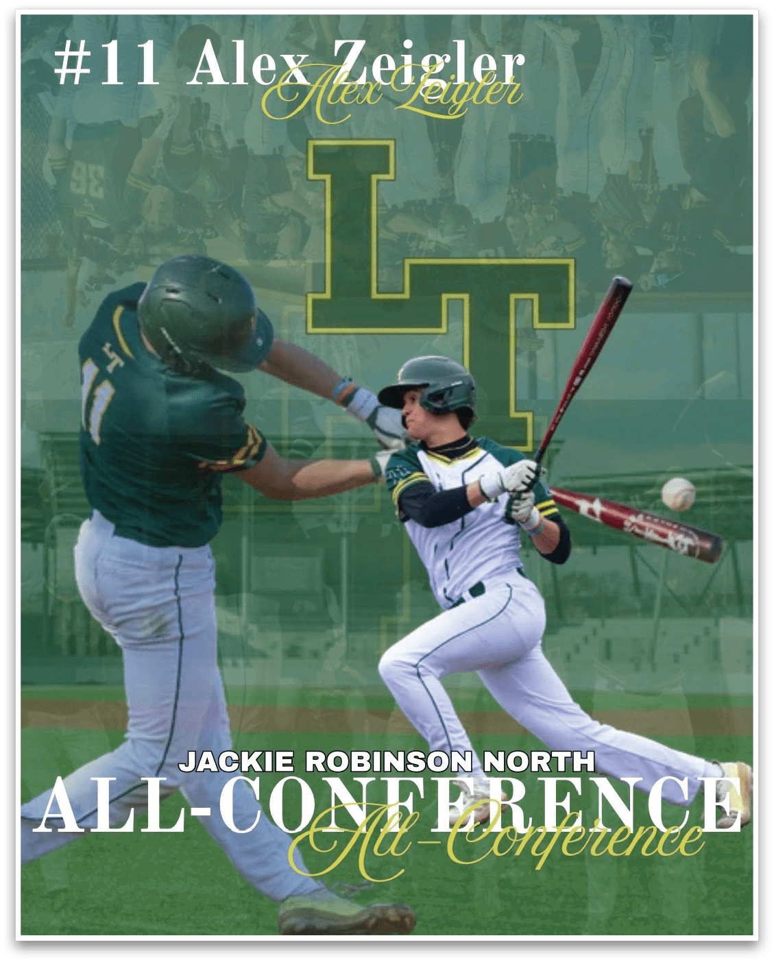 A baseball player in a green and white uniform is swinging a bat. Description generated by AI