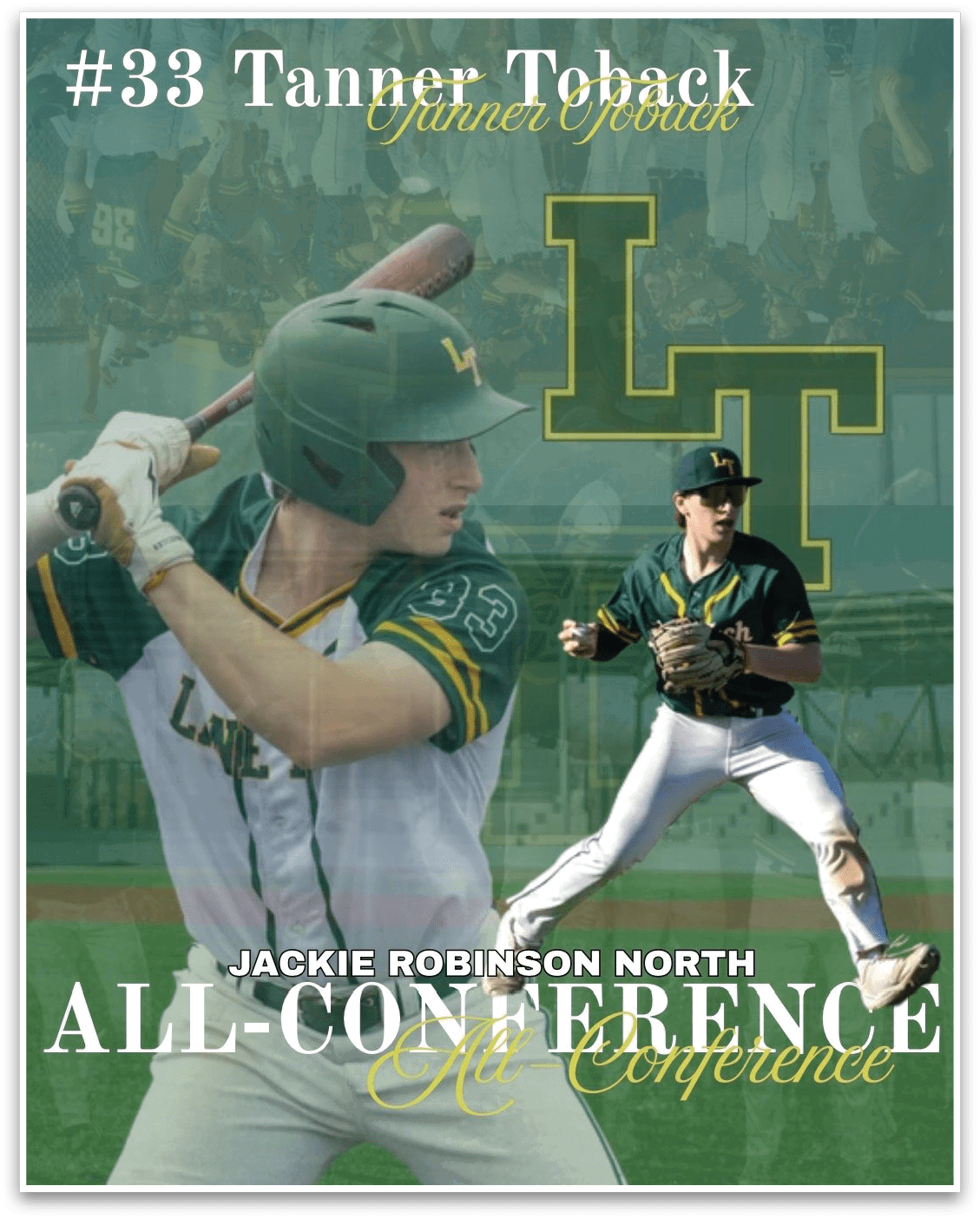 A baseball player in a green and yellow jersey holding a bat. Description generated by AI