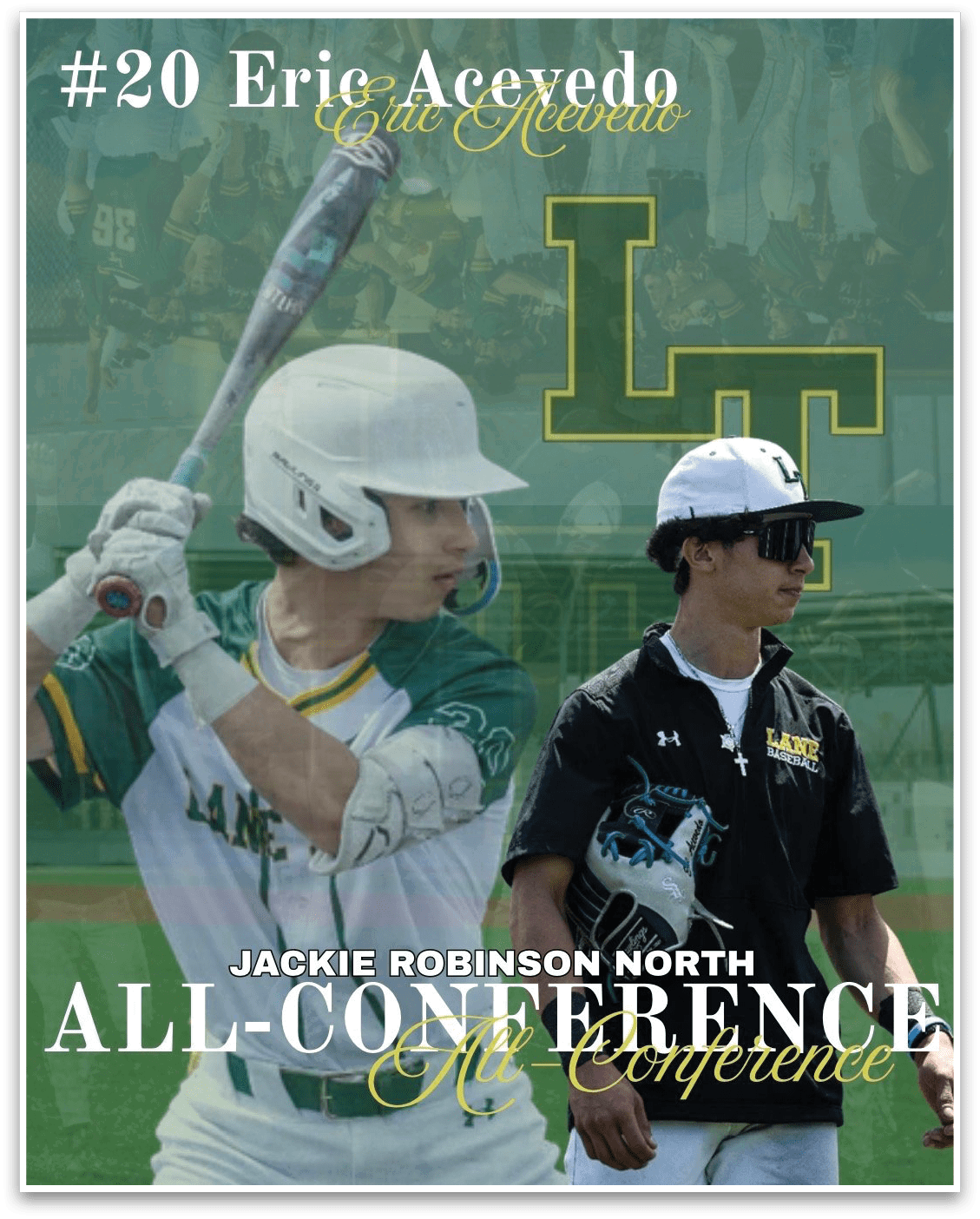 A baseball player in a white helmet and green and yellow uniform. Description generated by AI