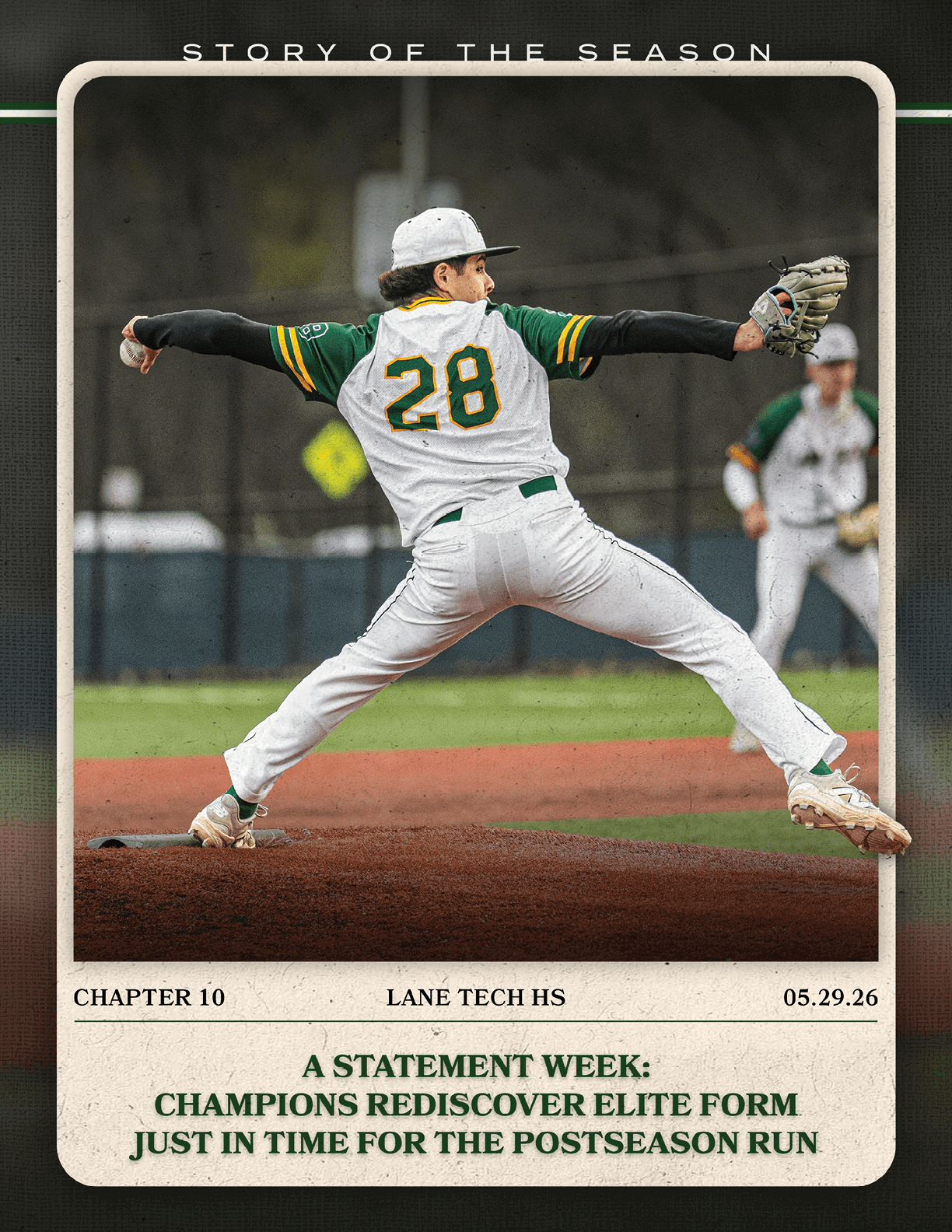 A baseball player wearing a white and green jersey with the number 28 on it. Description generated by AI
