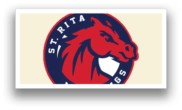 A red and blue logo for St. Rita Mustangs. Description generated by AI