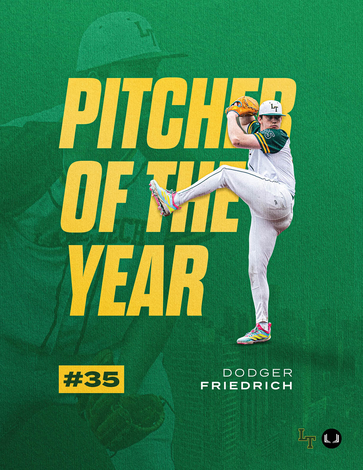 A baseball player in a green and yellow uniform is shown throwing a pitch. Description generated by AI
