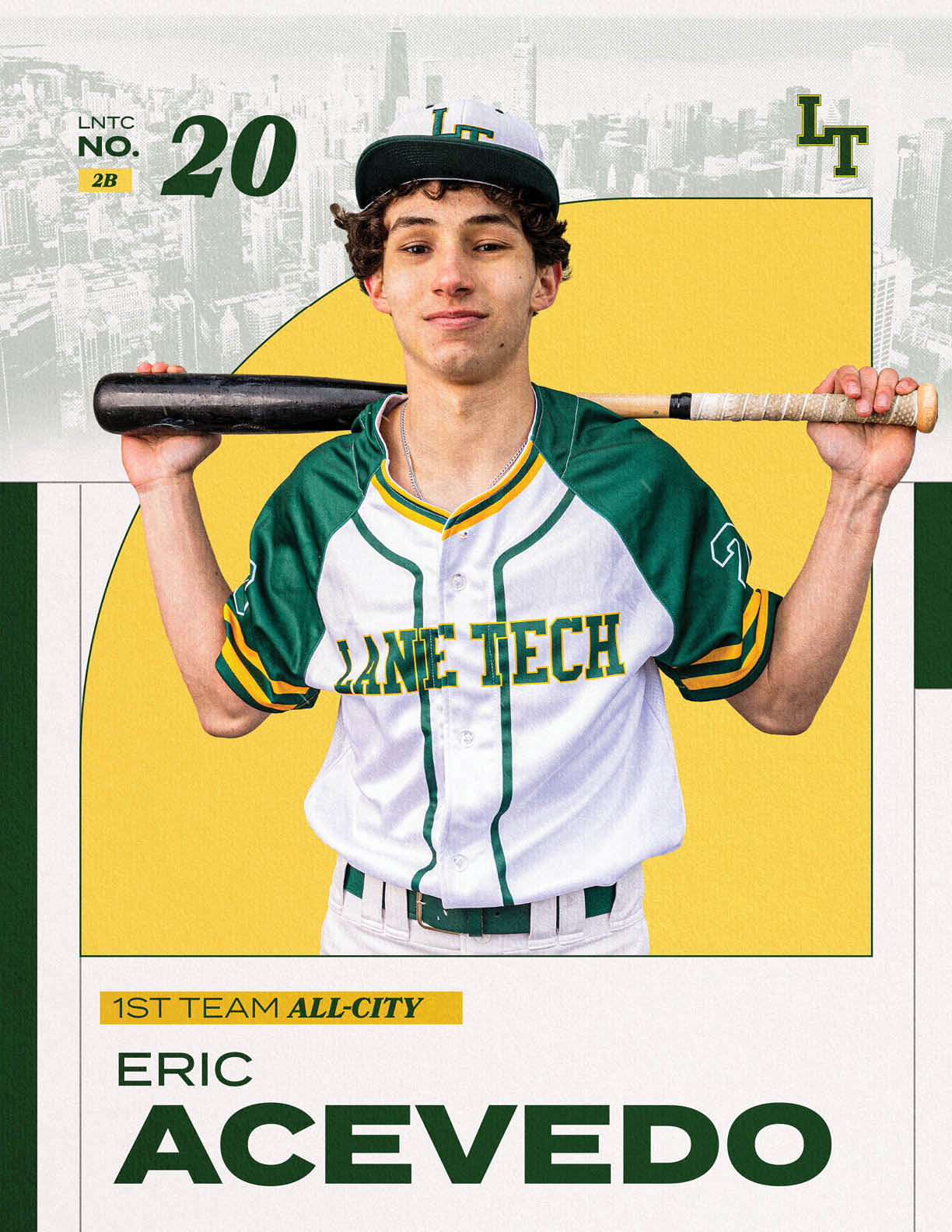 A baseball player holding a bat. Description generated by AI