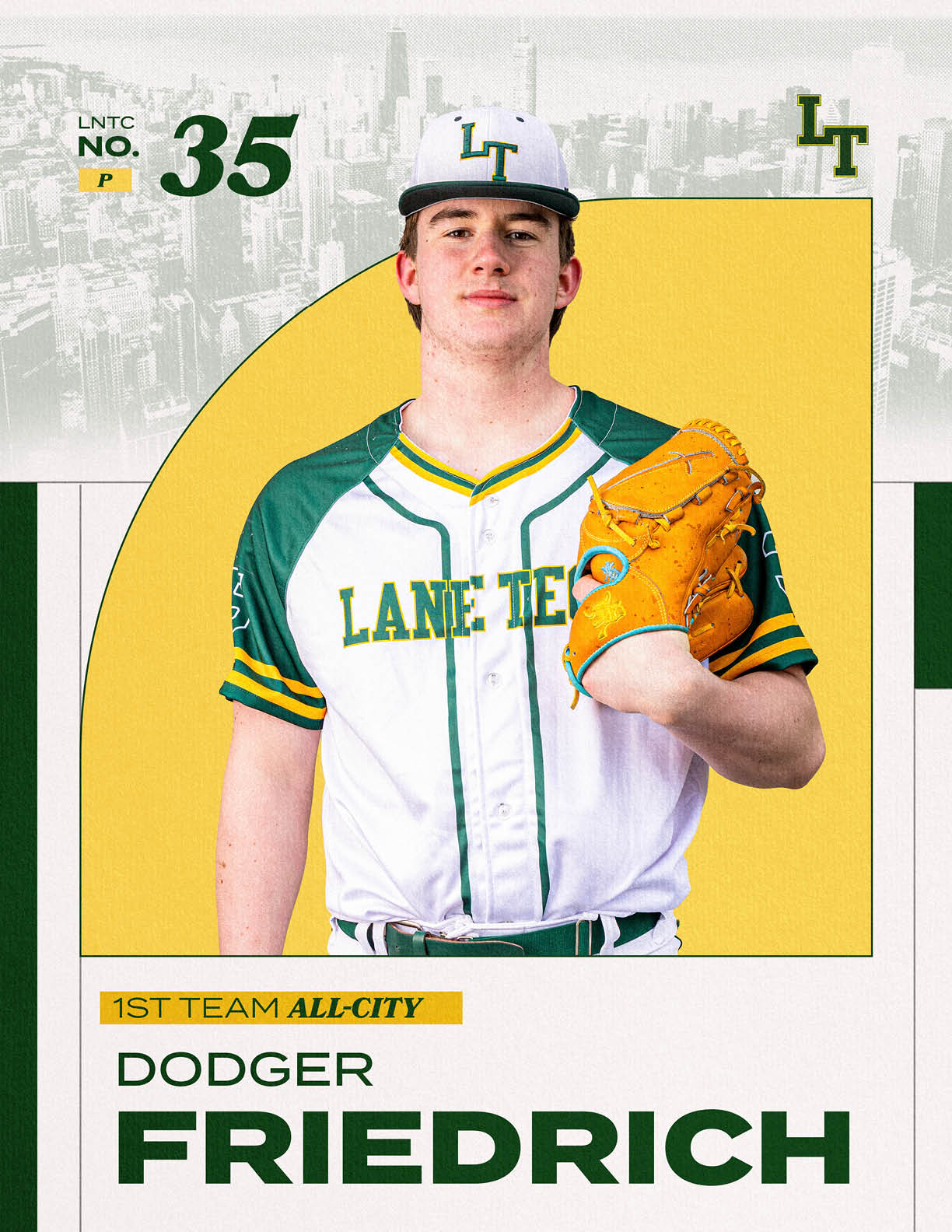 A baseball player wearing a green and white uniform. Description generated by AI