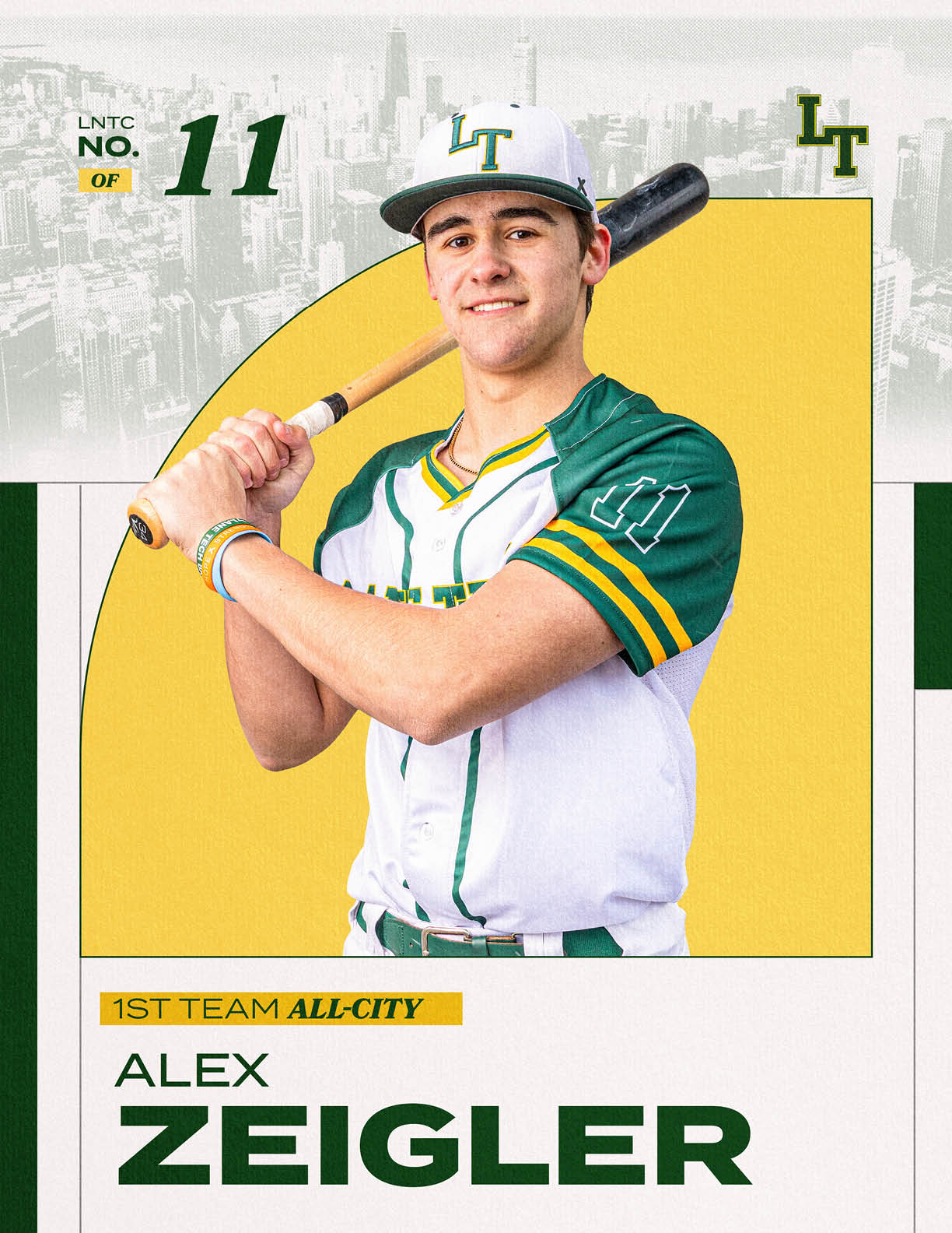 A baseball player holding a bat. Description generated by AI