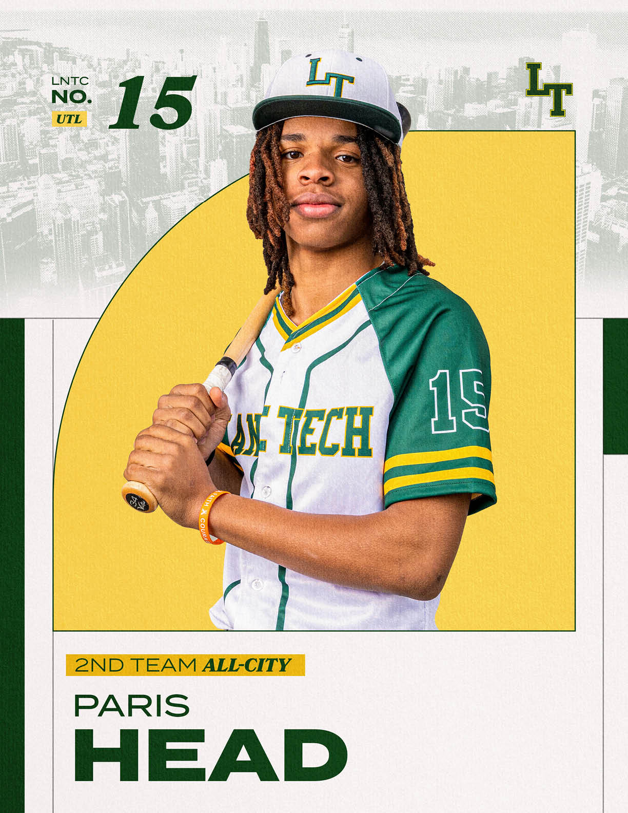 A baseball player holding a bat. Description generated by AI
