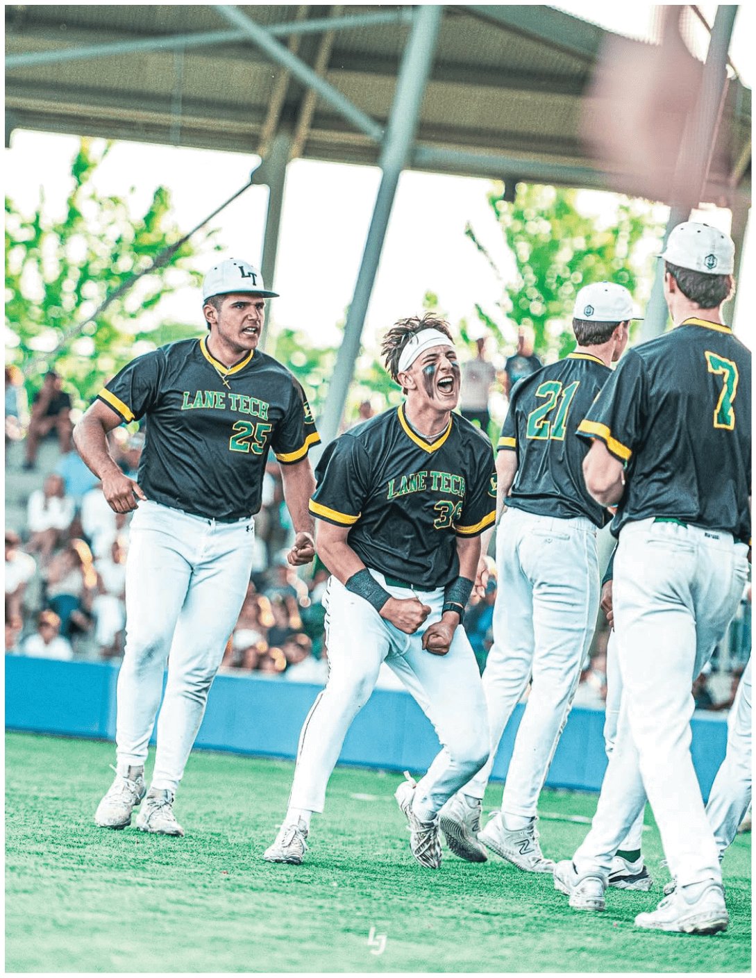 A baseball player celebrating with his teammates. Description generated by AI