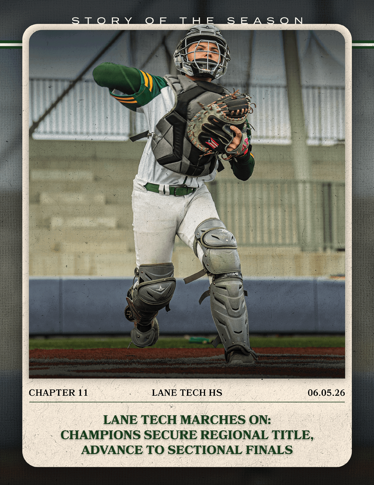 A baseball player wearing a catcher's mitt. Description generated by AI