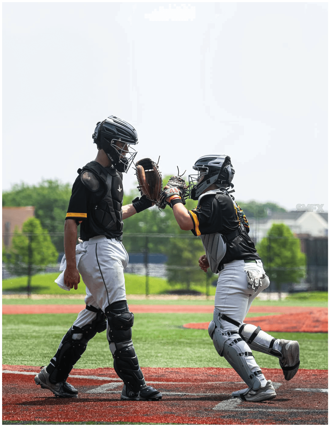 A baseball player celebrating with his teammates. Description generated by AI