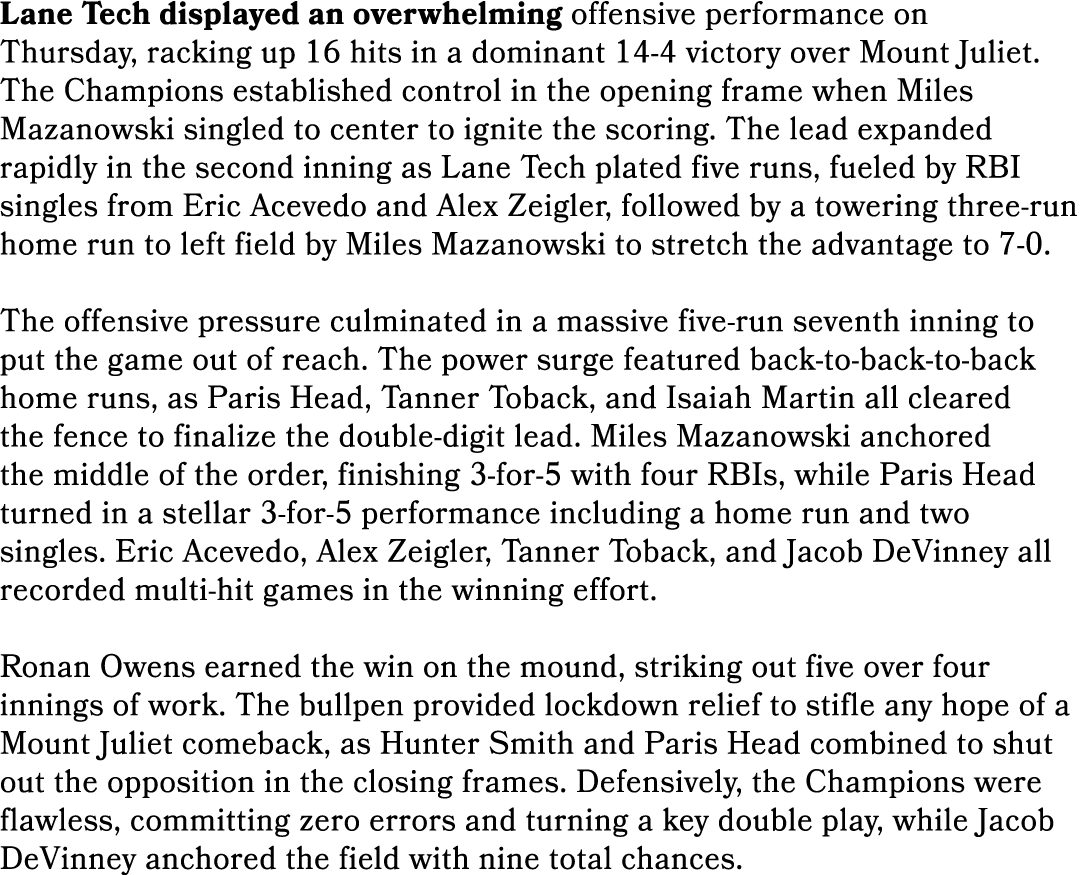 Lane Tech displayed an overwhelming offensive performance on Thursday, racking up 16 hits in a dominant 14 4 victory ...