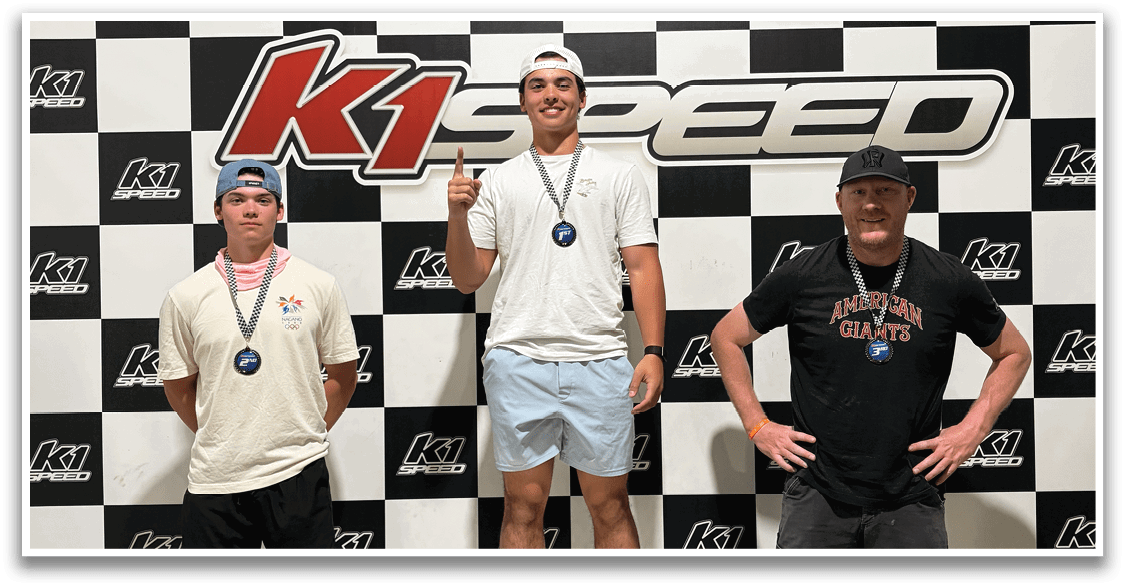 Three men stand on a podium, one of them giving a thumbs up. They are wearing medals and appear to be winners. AI generated content