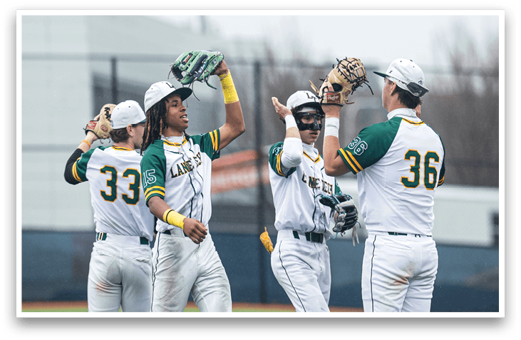 Three baseball players celebrating on the field. AI generated content