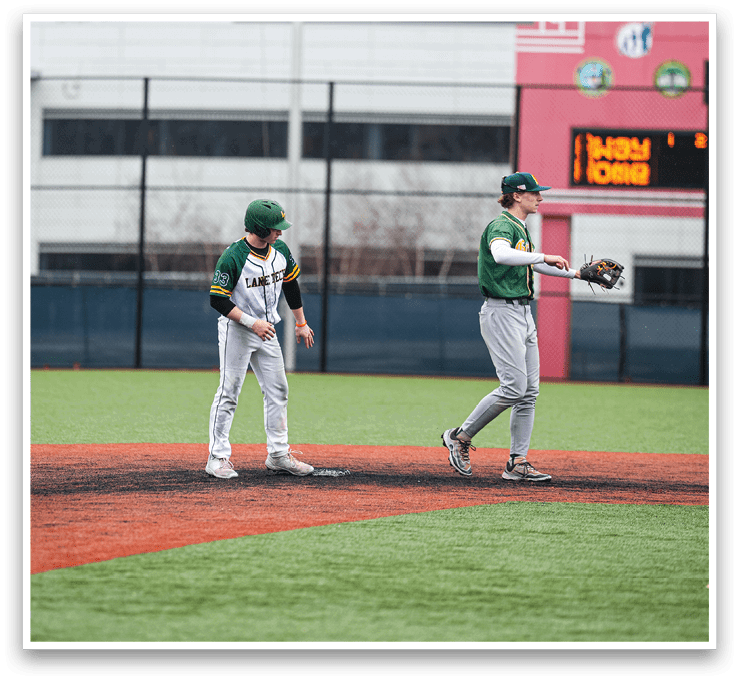 Two baseball players on a field, one holding a bat and the other a glove. AI generated content