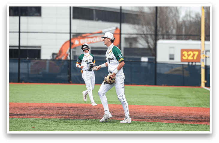 Two baseball players on a field, one holding a baseball glove. AI generated content