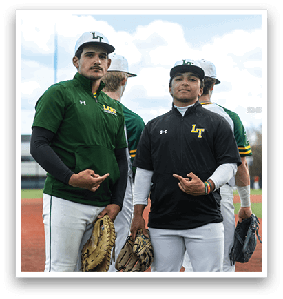 Two men wearing baseball uniforms and hats pose for a picture on a baseball field. AI generated content