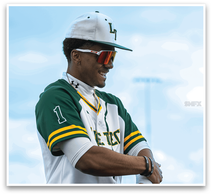 A man wearing a green and white baseball uniform is smiling and looking at his watch. AI generated content