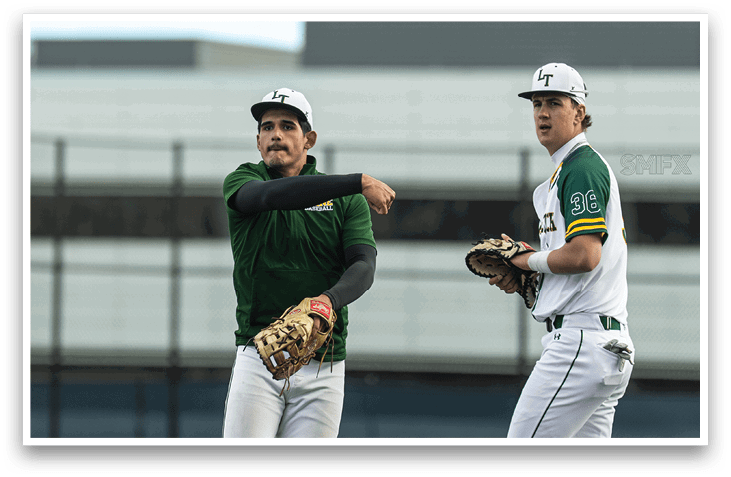 Two baseball players on a field, one wearing a green shirt and the other wearing a white shirt. AI generated content