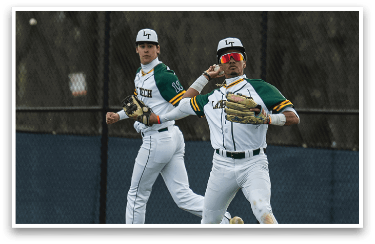 Two baseball players running on a field, one of them catching a ball. AI generated content