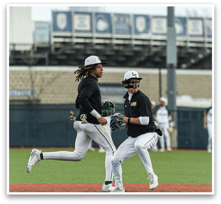 Two baseball players are running on the field, one of them wearing a black shirt and the other wearing a white shirt. They are both holding baseball gloves. AI generated content