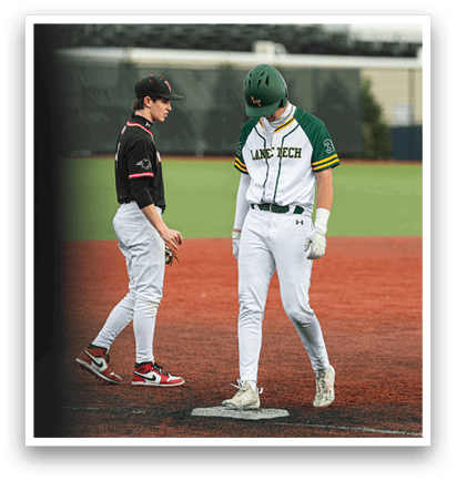 Two baseball players on a field, one wearing a green and white uniform and the other wearing a black uniform. AI generated content