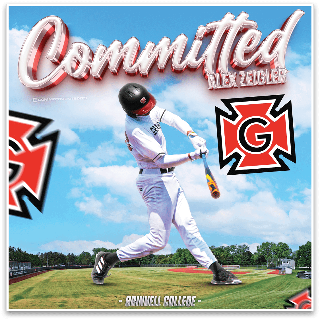 A baseball player in a white uniform is swinging a bat. AI generated content