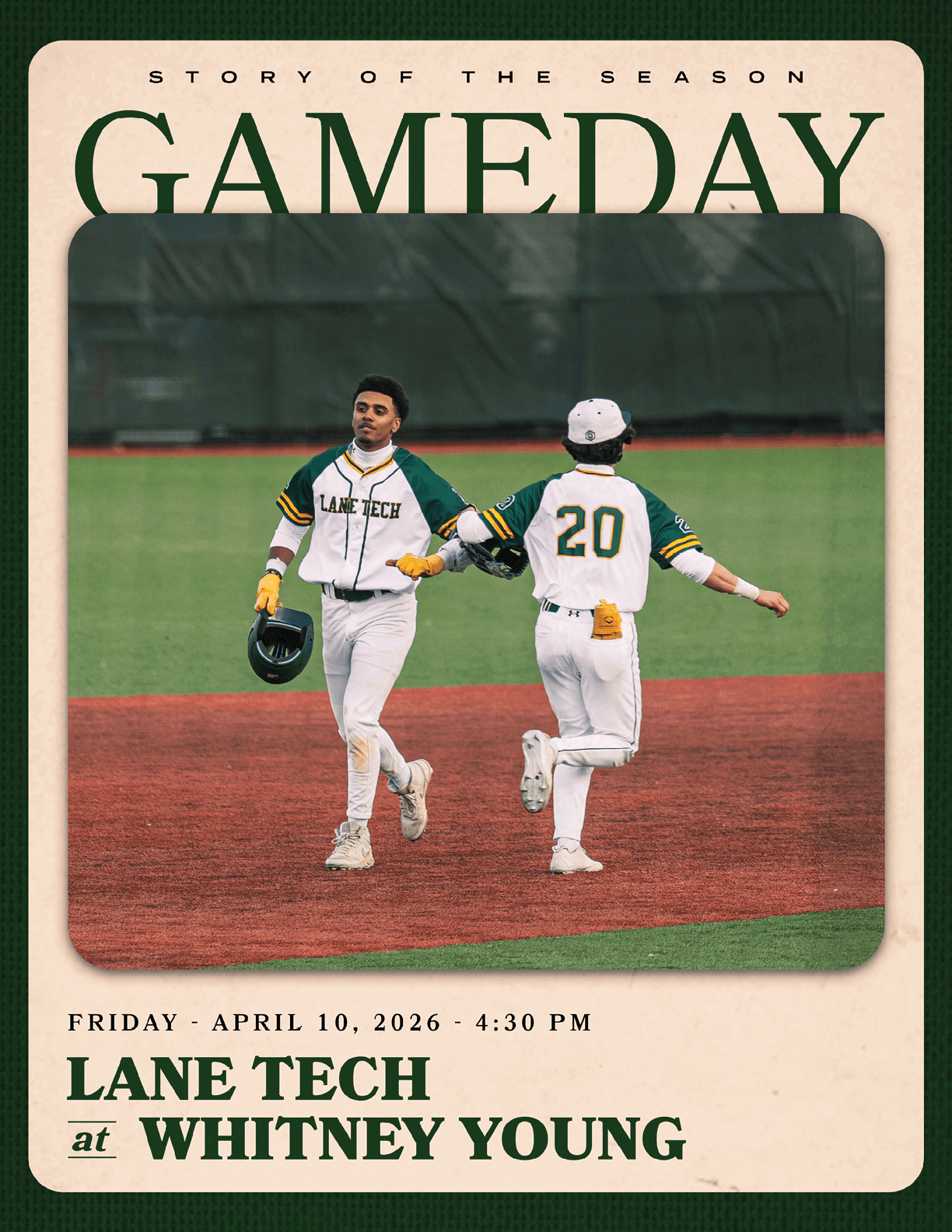 Two baseball players from Lane Tech High School are shown celebrating a victory. AI generated content