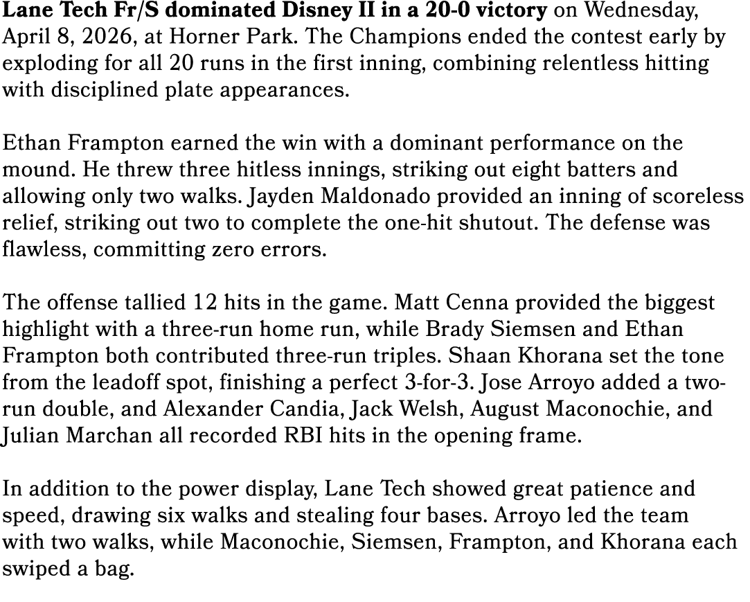 Lane Tech Fr/S dominated Disney II in a 20 0 victory on Wednesday, April 8, 2026, at Horner Park. The Champions ended...