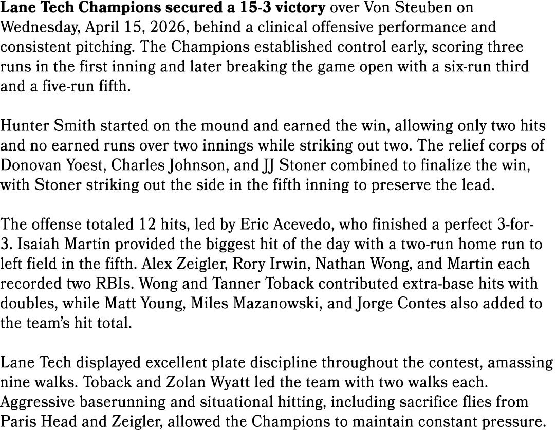 Lane Tech Champions secured a 15 3 victory over Von Steuben on Wednesday, April 15, 2026, behind a clinical offensive...