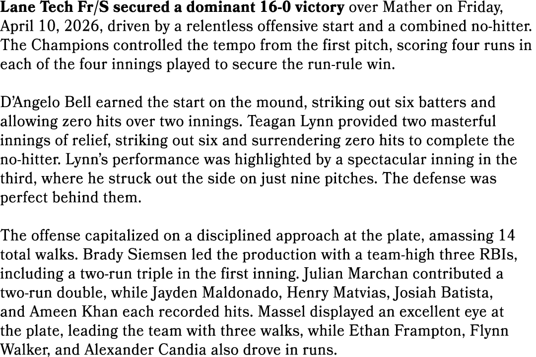 Lane Tech Fr/S secured a dominant 16 0 victory over Mather on Friday, April 10, 2026, driven by a relentless offensiv...