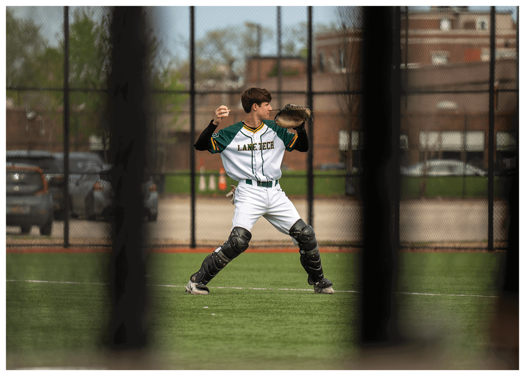 A baseball player in a green and white uniform is standing on the field, ready to catch a ball. AI generated content