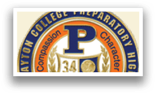 A gold and orange college emblem with the name “Patterson College Preparatory High School" written on it. AI generated content