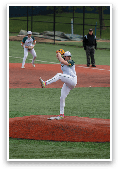 A female baseball pitcher in a white uniform is in the middle of a pitch, with her leg in the air. AI generated content